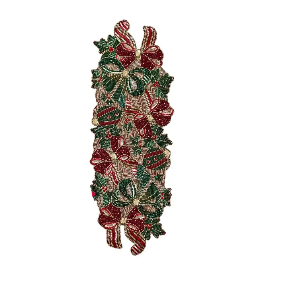 Nicole Miller Beaded Poinsettia Bow Table Runner 13x34 Pink Red Green New